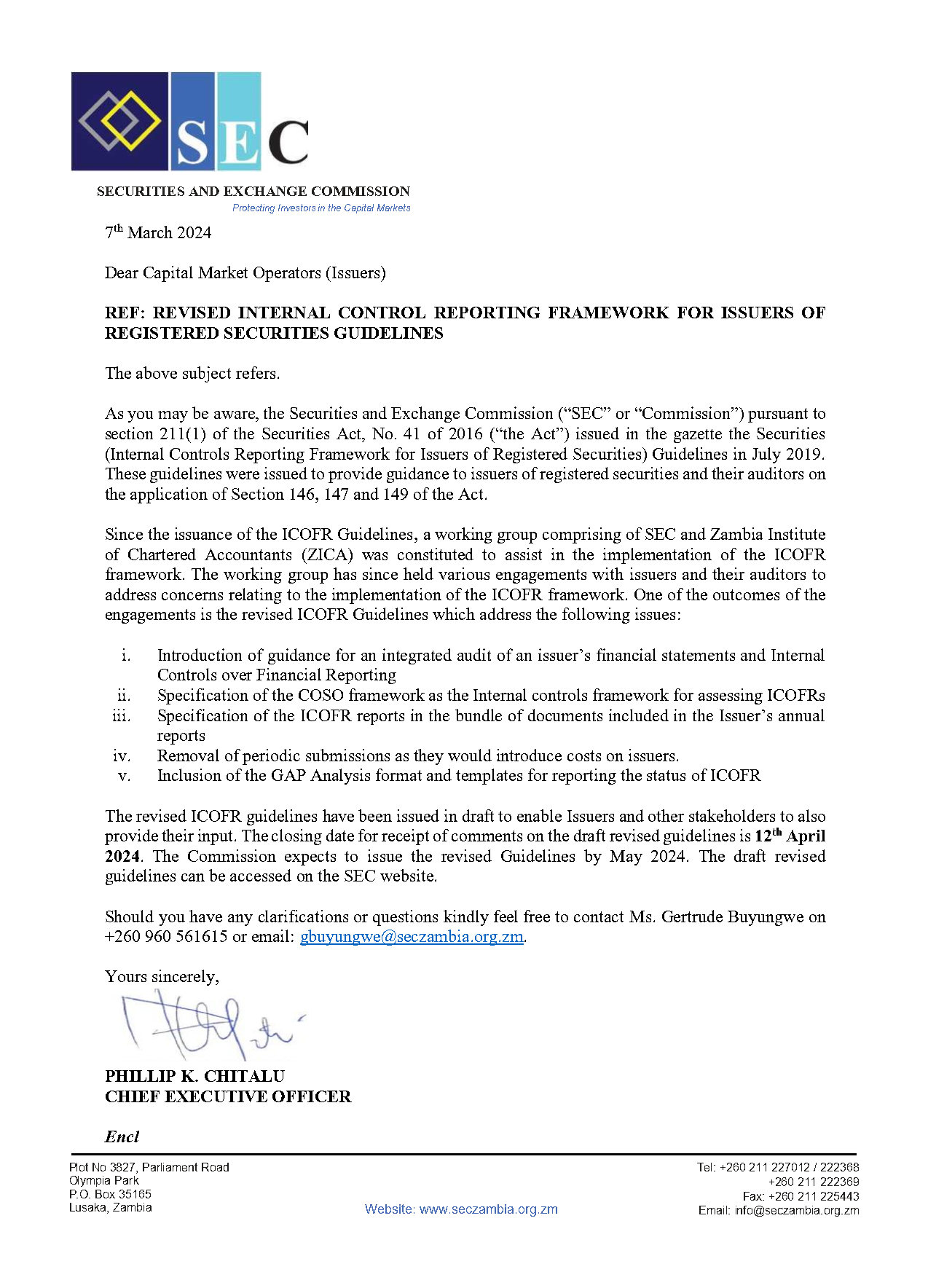 Revised Internal Control Reporting Framework for Issuers of Registered 