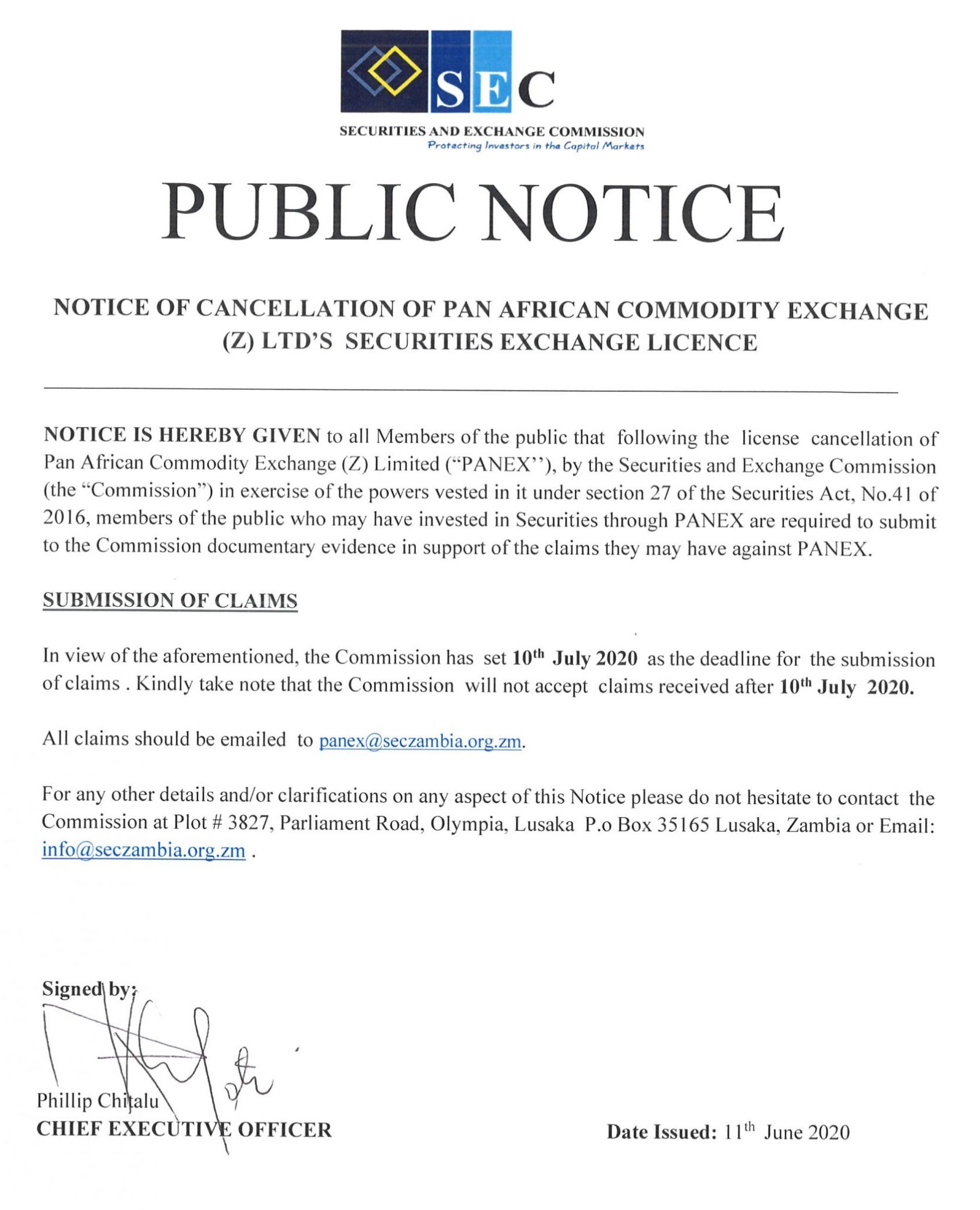 Notice of Cancellation of Pan African Commodity Exchange (Z) Ltd.’s ...